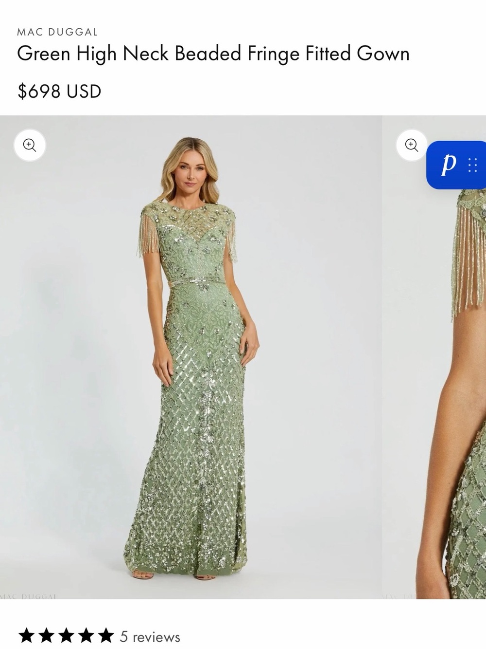 Mac Duggal Sage Green Beaded Fringe High-Neck Mermaid Gown